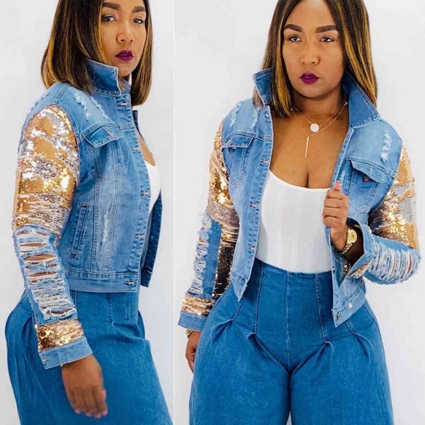 sparkling sequins women streetwear denim coats autumn est lady's turn-down collar ripped single-breasted short jackets, Black;brown
sparkling sequins women streetwear denim coats autumn est lady's turn-down collar ripped single-breasted short jackets, Black;brown
