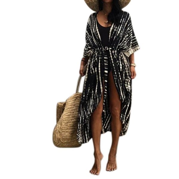 women swimsuit cover up tie-dye striped open front belted beach kimono cardigan women's swimwear, White;black
women swimsuit cover up tie-dye striped open front belted beach kimono cardigan women's swimwear, White;black