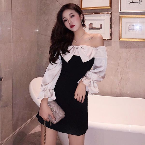 casual dresses korean style summer women's clothing fashion brand full sleeve bow slash neck off shoulder self-cultivation, Black;gray
casual dresses korean style summer women's clothing fashion brand full sleeve bow slash neck off shoulder self-cultivation, Black;gray