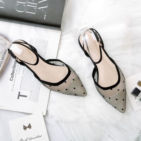 sandals summer style polka dot mesh lace pointed flats female versatile comfort one-button buckle with baotou sandals, Black 
sandals summer style polka dot mesh lace pointed flats female versatile comfort one-button buckle with baotou sandals, Black