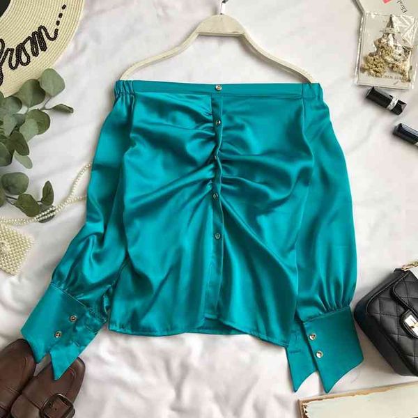 women's blouses & shirts spring winter slash neck casual shirt women pleat single breasted long sleeve plain satin elegant blouse, White
women's blouses & shirts spring winter slash neck casual shirt women pleat single breasted long sleeve plain satin elegant blouse, White