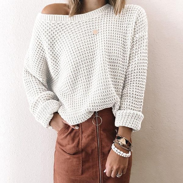 women's sweaters solid sweater women loose oblique collar long sleeve knitted woman winter, White;black
women's sweaters solid sweater women loose oblique collar long sleeve knitted woman winter, White;black