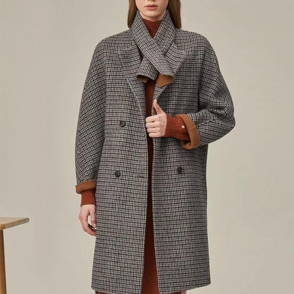 women's wool & blends plaid medium length coat 21 autumn winter 90 sheep thousand bird lattice hand sewn double-sided cashmere, Black
women's wool & blends plaid medium length coat 21 autumn winter 90 sheep thousand bird lattice hand sewn double-sided cashmere, Black