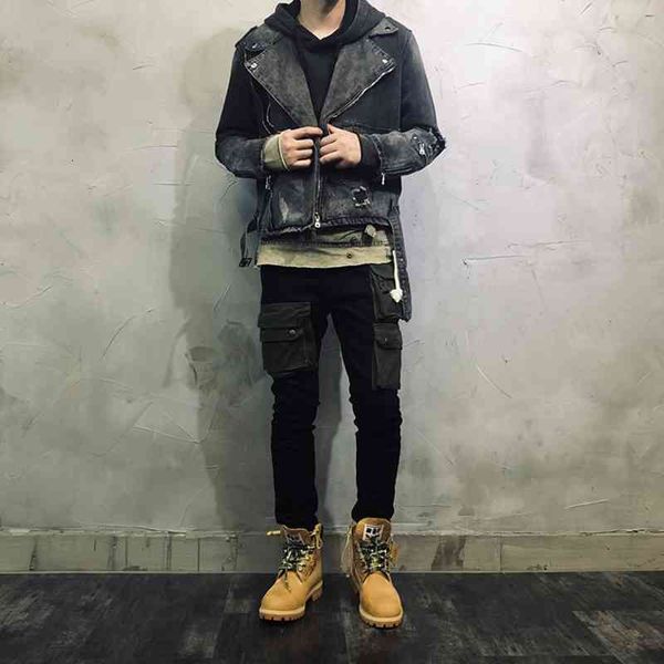 men's jackets fashion streetwear punk jacket men black color destroyed ripped denim cotton hip hop coats designer bik, Black;brown
men's jackets fashion streetwear punk jacket men black color destroyed ripped denim cotton hip hop coats designer bik, Black;brown
