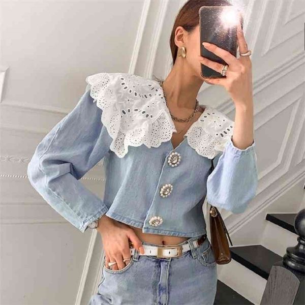 elegant lace hook flower denim blouse women peter pan collar long sleeve single breast blusas spring short shirt 210416, White
elegant lace hook flower denim blouse women peter pan collar long sleeve single breast blusas spring short shirt 210416, White