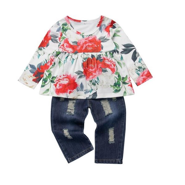 clothing sets autumn and spring kids baby clothes set girl casual costume long sleeve flower print blouse dress+hole design denim pants 2pcs, White
clothing sets autumn and spring kids baby clothes set girl casual costume long sleeve flower print blouse dress+hole design denim pants 2pcs, White