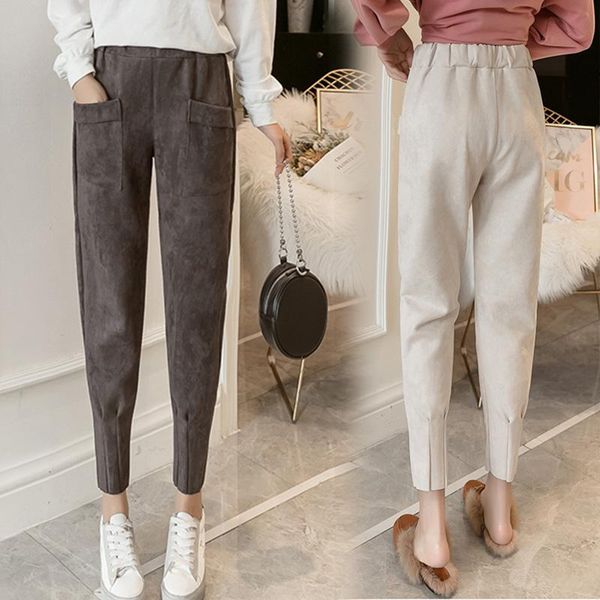 women's pants & capris women faux suede pant 2021 autumn winter female fashion elastic waist leather harem casual trousers, Black;white
women's pants & capris women faux suede pant 2021 autumn winter female fashion elastic waist leather harem casual trousers, Black;white