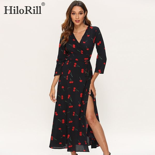 long elegant dress women cherry printed three quarter sleeve maxi side split v neck wrap es robe longue 210508, Black;gray
long elegant dress women cherry printed three quarter sleeve maxi side split v neck wrap es robe longue 210508, Black;gray