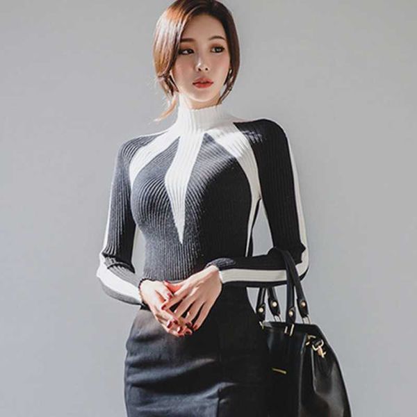 autumn winter hit color patchwork turtleneck long sleeve casual stretch female korea fashion knit sweater 210526, White;black
autumn winter hit color patchwork turtleneck long sleeve casual stretch female korea fashion knit sweater 210526, White;black