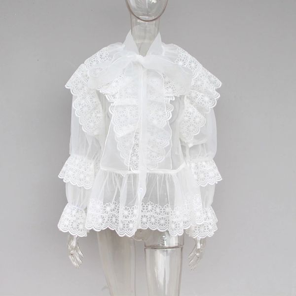 european and american catwalk bow organza stitching lace see-through lantern sleeve shirt (broken code special offer)t, White
european and american catwalk bow organza stitching lace see-through lantern sleeve shirt (broken code special offer)t, White