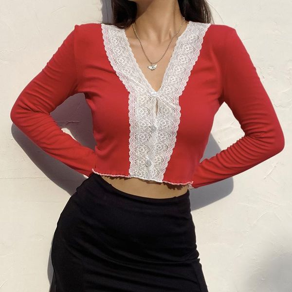 women's lace patchwork red cardigan blouse fashion v neck cropped shirt 2021 autumn streetwear korean style blusas feminina blouses & s, White
women's lace patchwork red cardigan blouse fashion v neck cropped shirt 2021 autumn streetwear korean style blusas feminina blouses & s, White