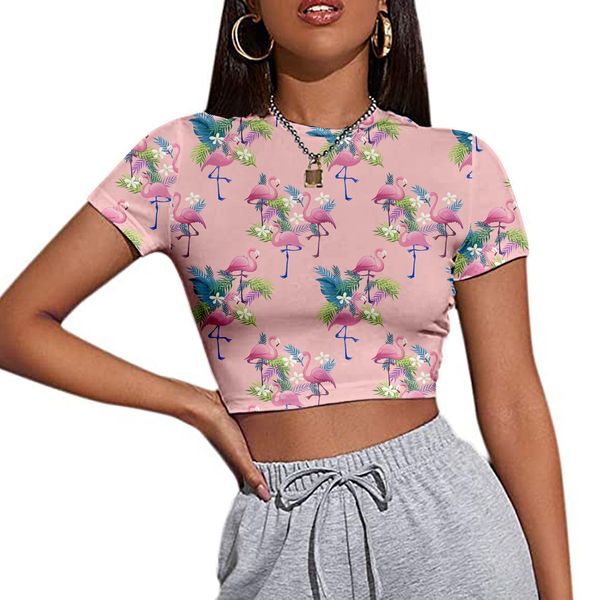 fashion t shirt women's slim fit short sleeve open navel creative pink crane floral print production, White
fashion t shirt women's slim fit short sleeve open navel creative pink crane floral print production, White