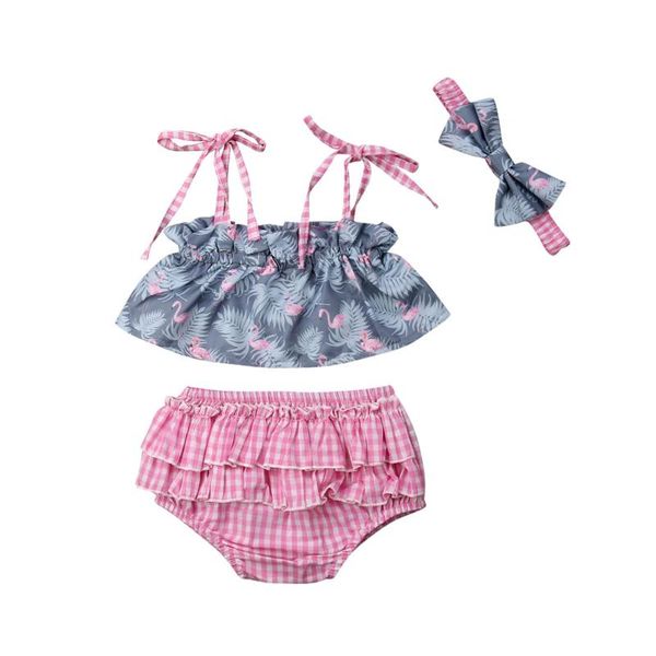 clothing sets wholesale infant baby girls clothes flamingos plaid briefs headband 3pcs outfits set summer girl, White 
clothing sets wholesale infant baby girls clothes flamingos plaid briefs headband 3pcs outfits set summer girl, White