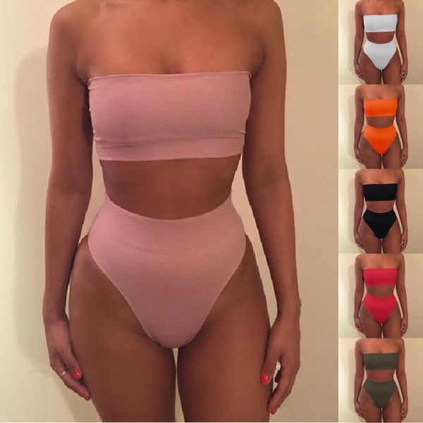 women's swimwear bikini 2021 swimsuit women solid high waist set backless bandeau bathing suit female beach wear biquini, White;black
women's swimwear bikini 2021 swimsuit women solid high waist set backless bandeau bathing suit female beach wear biquini, White;black