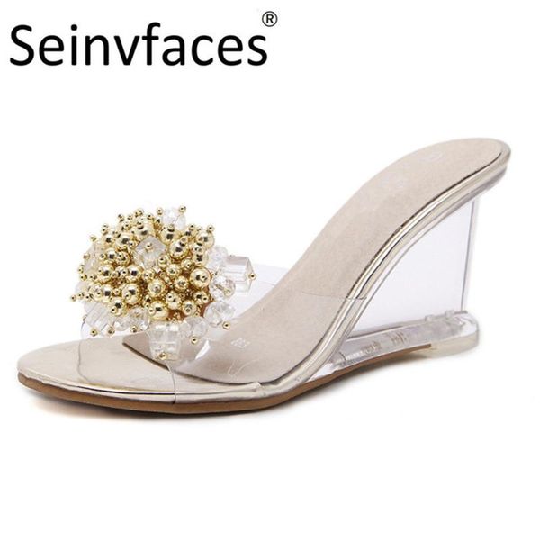 slippers women summer style sweet glass rhinestone silver & gold crystal transparent wedegs high heels slides sandals f45, Black
slippers women summer style sweet glass rhinestone silver & gold crystal transparent wedegs high heels slides sandals f45, Black