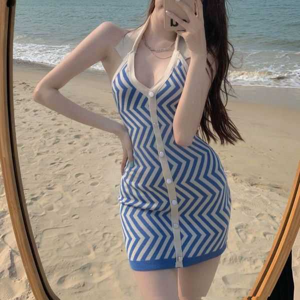 casual dresses summer y2k knit dress 2021 striped halter bodycon for women button backless v nevk off shoulder mini party, Black;gray 
casual dresses summer y2k knit dress 2021 striped halter bodycon for women button backless v nevk off shoulder mini party, Black;gray