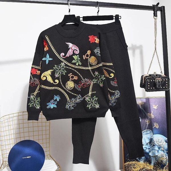 women's two piece pants winter fashion embroidery women set fall long sleeve knitted pullover +harem trousers 2pcs clothing sets, White
women's two piece pants winter fashion embroidery women set fall long sleeve knitted pullover +harem trousers 2pcs clothing sets, White
