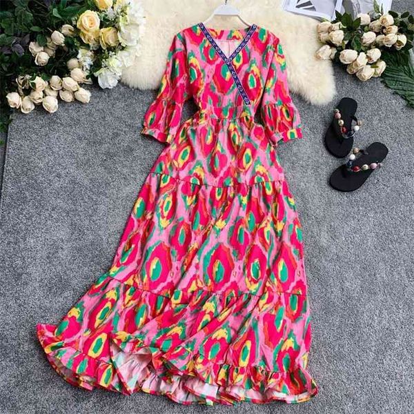 summer women's dress retro ethnic print v-neck short-sleeved long waist slimming ruffle female es ll946 210507, Black;gray
summer women's dress retro ethnic print v-neck short-sleeved long waist slimming ruffle female es ll946 210507, Black;gray