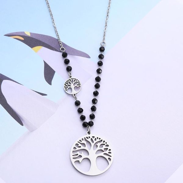 

pendant necklaces stainless steel tree of life necklace black crystal chain long collier bijoux elegant women jewelry fashion drop, Silver