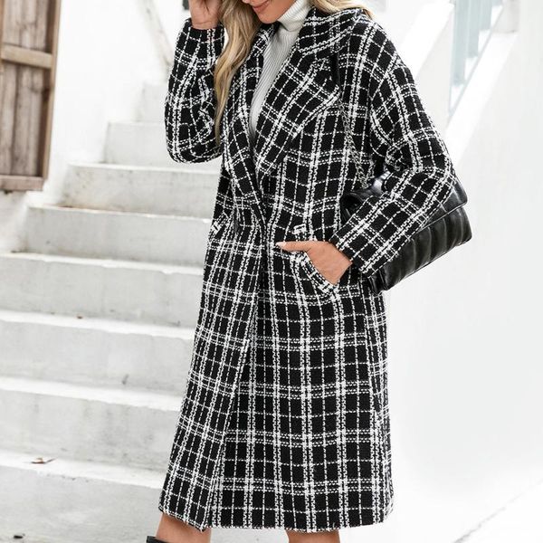 women's wool & blends temperament plaid fleece coat long sleeve full jackets patchwork with button pockets winter elegant, Black 
women's wool & blends temperament plaid fleece coat long sleeve full jackets patchwork with button pockets winter elegant, Black