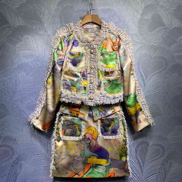 two piece dress female designer 2 set of cartoons printing jacket pockets + skirt suit c447, White
two piece dress female designer 2 set of cartoons printing jacket pockets + skirt suit c447, White