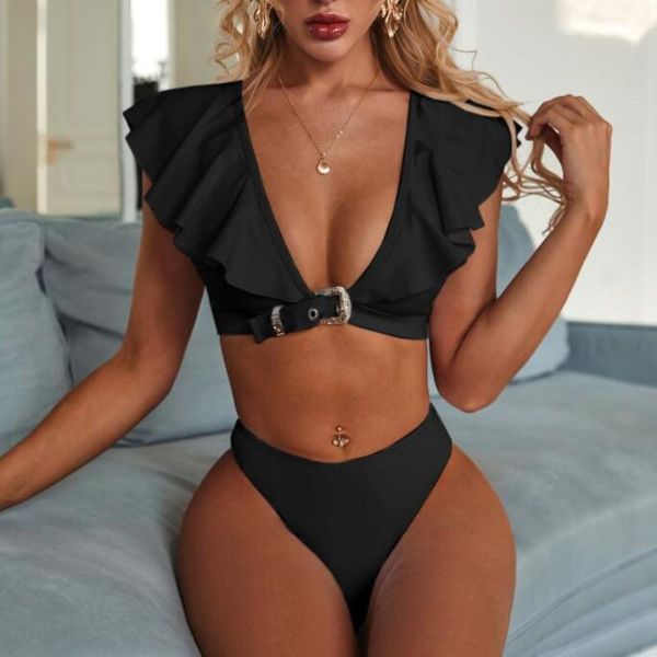 vintage solid white bikini set 2021 ruffle swimsuit female belt swimwear women push up bathers bathing suit women's, White;black 
vintage solid white bikini set 2021 ruffle swimsuit female belt swimwear women push up bathers bathing suit women's, White;black