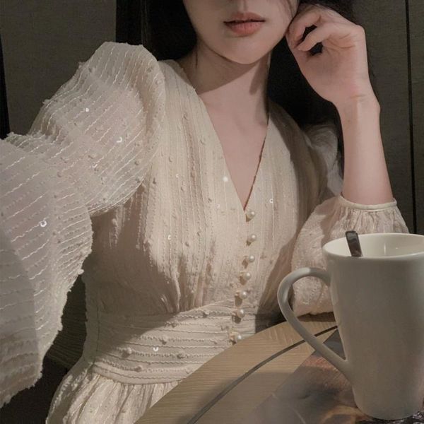 women's wool & blends french sequin v-neck dress autumn 2021 high-end chiffon long sleeve medium length skirt, Black
women's wool & blends french sequin v-neck dress autumn 2021 high-end chiffon long sleeve medium length skirt, Black