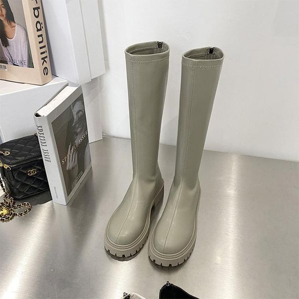 boots women's long autumn and winter elastic thick heel round toe knee-high knight women, Black