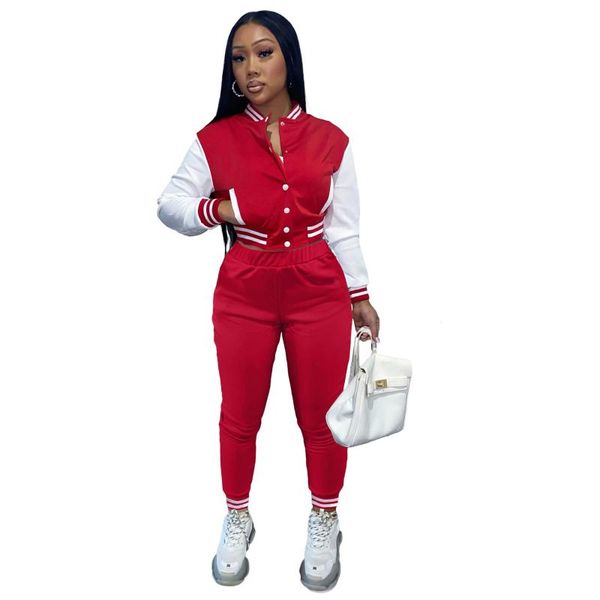 women's two piece pants winter contrast single breasted long sleeved jacket set baseball suit, White
women's two piece pants winter contrast single breasted long sleeved jacket set baseball suit, White