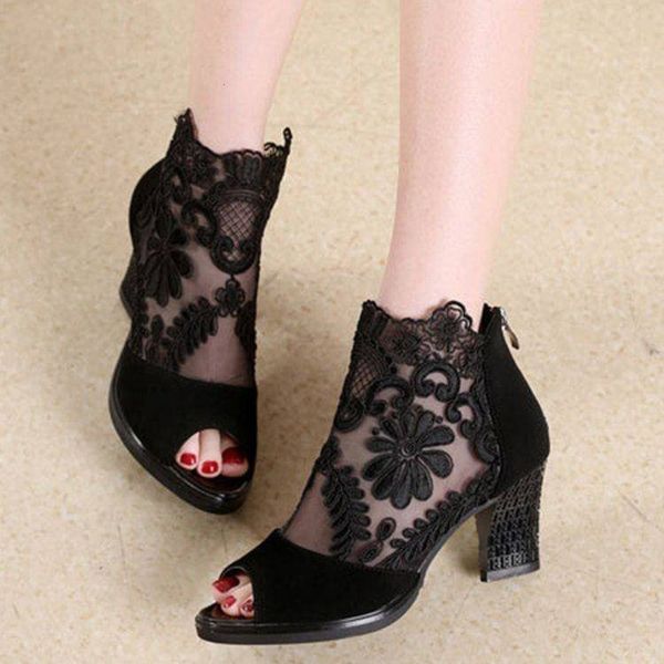 large mh high heels thick heel lace fish mouth sandals, Black