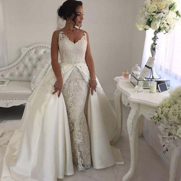 customized v neck lace mermaid wedding dresses with detachable train appliqued beads plus size bridal gowns, White
customized v neck lace mermaid wedding dresses with detachable train appliqued beads plus size bridal gowns, White