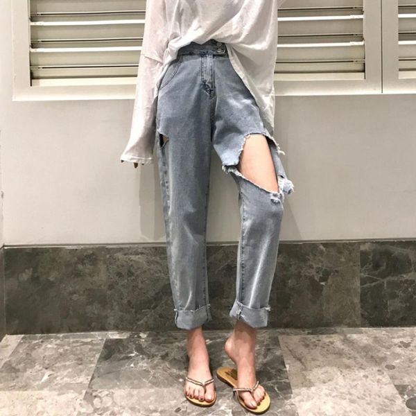korean fashion blue jeans woman washed high waist casual loose ripped hole pockets denim pants pantalones vaqueros mujer women's