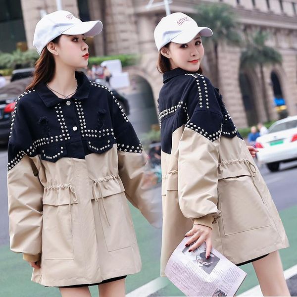 women's trench coats 2021 bead stitching fake two piece contrast drawstring waist mid length denim jacket stand collar loose windbreake, Tan;black
women's trench coats 2021 bead stitching fake two piece contrast drawstring waist mid length denim jacket stand collar loose windbreake, Tan;black
