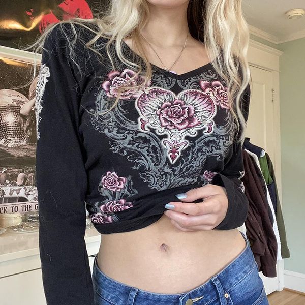 women's t-shirt emo temperament casual street retro rose heart printed v-neck long sleeves gothic vintage aesthetic fall, White
women's t-shirt emo temperament casual street retro rose heart printed v-neck long sleeves gothic vintage aesthetic fall, White