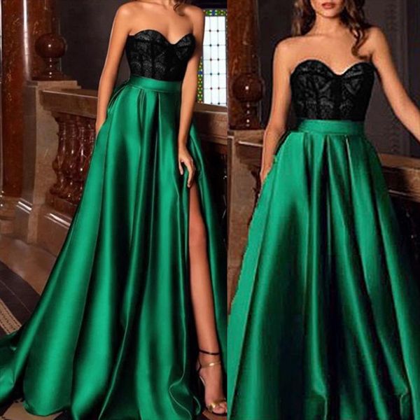 strapless neck patchwork sleeveless women dress lace slit up long full high qualty wedding party formal, Black;gray
strapless neck patchwork sleeveless women dress lace slit up long full high qualty wedding party formal, Black;gray