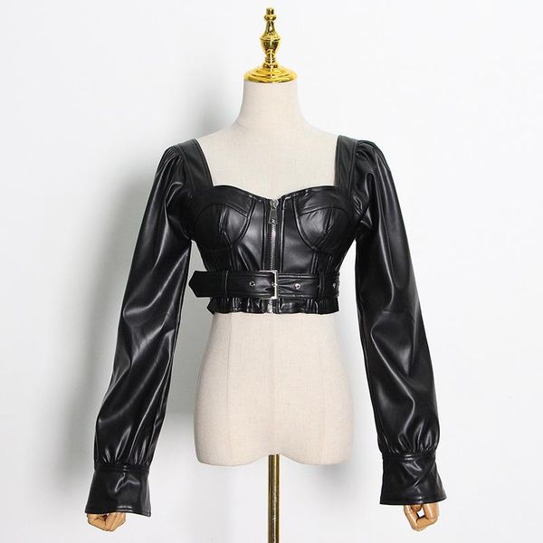 women's blouses & shirts msxu 2021 autumn fashion women personality street style zipper stitching straps slim pu leather short top, White
women's blouses & shirts msxu 2021 autumn fashion women personality street style zipper stitching straps slim pu leather short top, White