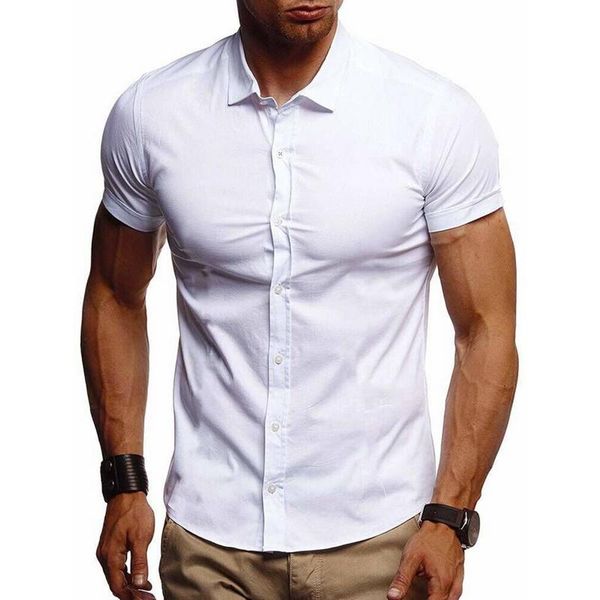 men's solid color turn down collar short-sleeved button up summer shirt men business casual wear slim shirts, White;black
men's solid color turn down collar short-sleeved button up summer shirt men business casual wear slim shirts, White;black