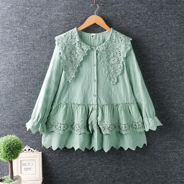 women's blouses & shirts spring literary and artistic sweet embroidery big lapel lace stitching long-sleeved babyblouse cotton linen so, White
women's blouses & shirts spring literary and artistic sweet embroidery big lapel lace stitching long-sleeved babyblouse cotton linen so, White