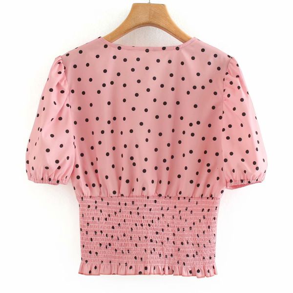 blouses retro v-neck slimming pleated pink dot short sleeve chic female shirt harajuku sweet navel casual holiday party women's, White 
blouses retro v-neck slimming pleated pink dot short sleeve chic female shirt harajuku sweet navel casual holiday party women's, White
