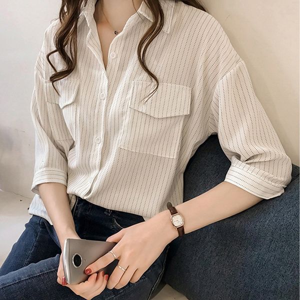 women's blouses & shirts fashion women striped half sleeve lapel neck casual blouse female pocket shirt, White 
women's blouses & shirts fashion women striped half sleeve lapel neck casual blouse female pocket shirt, White