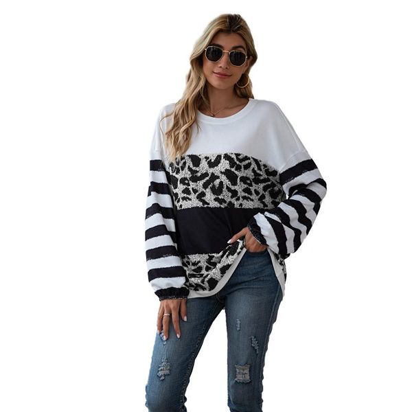 women t shirt patchwork striped leopard o neck long sleeve pullover spring autumn ladies female clothing women's t-shirt, White
women t shirt patchwork striped leopard o neck long sleeve pullover spring autumn ladies female clothing women's t-shirt, White
