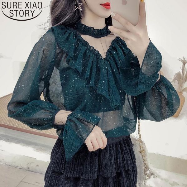 chiffon mesh spliced shirts casual sweet women blouses autumn korean fashion ruffled collar flare long sleeve 10612 women's &, White 
chiffon mesh spliced shirts casual sweet women blouses autumn korean fashion ruffled collar flare long sleeve 10612 women's &, White