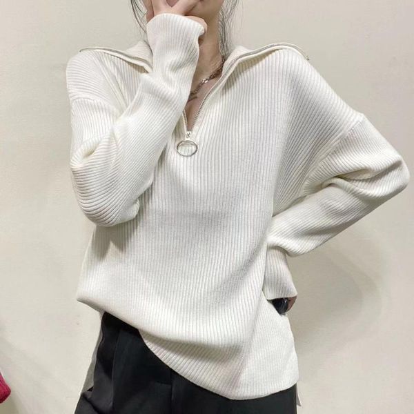 women's sweaters high collar half open zipper sweater autumn 2021 solid color irregular hem all-match long-sleeved top, White;black
women's sweaters high collar half open zipper sweater autumn 2021 solid color irregular hem all-match long-sleeved top, White;black