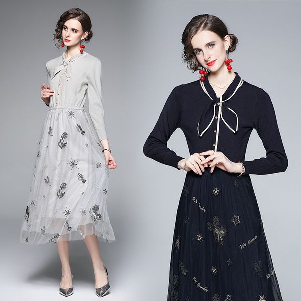 lady skirt 2021 autumn winter hepburn style small fragrance bow tie mesh splicing knitted dress long, Black;gray
lady skirt 2021 autumn winter hepburn style small fragrance bow tie mesh splicing knitted dress long, Black;gray