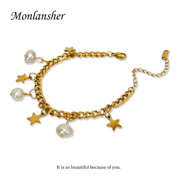link, chain monlansher natural pearl star charm bracelet gold color titanium steel bracelets for women trendy jewelry gift, Black
link, chain monlansher natural pearl star charm bracelet gold color titanium steel bracelets for women trendy jewelry gift, Black