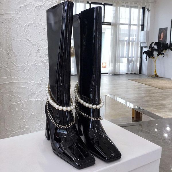 boots autumn and winter 2021 patent leather women's pearl chain square head knee high heel thick knight, Black
boots autumn and winter 2021 patent leather women's pearl chain square head knee high heel thick knight, Black