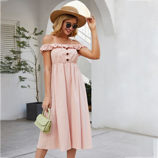 2021 new summer ladies elegant solid single-breasted women casual slash neck ruffles slim off the shoulder dress, Black;gray
2021 new summer ladies elegant solid single-breasted women casual slash neck ruffles slim off the shoulder dress, Black;gray