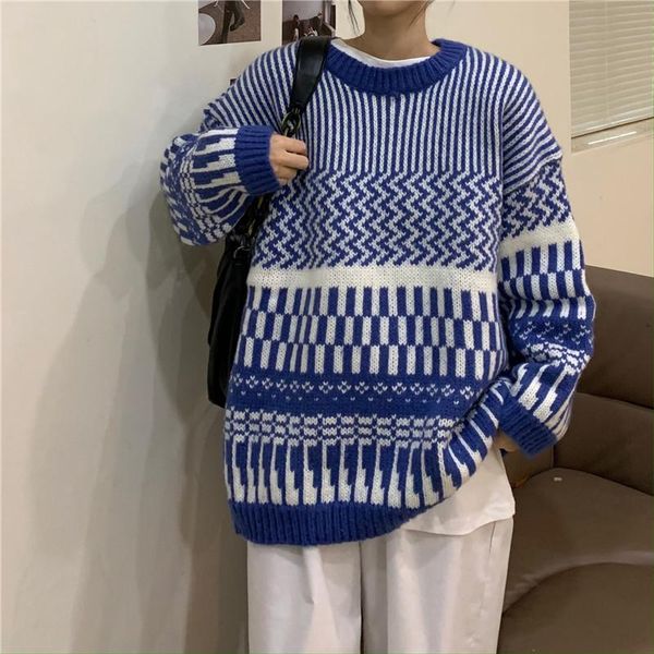 women's sweaters autumn and winter retro hit color round neck knitted sweater long sleeve loose simple fashion, White;black
women's sweaters autumn and winter retro hit color round neck knitted sweater long sleeve loose simple fashion, White;black