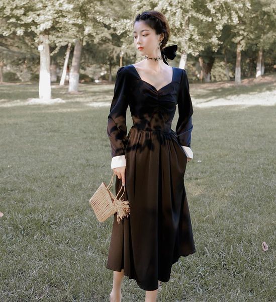 casual dresses make french retro black long sleeve dress in autumn outfit female show thin waist marked price, Black;gray 
casual dresses make french retro black long sleeve dress in autumn outfit female show thin waist marked price, Black;gray