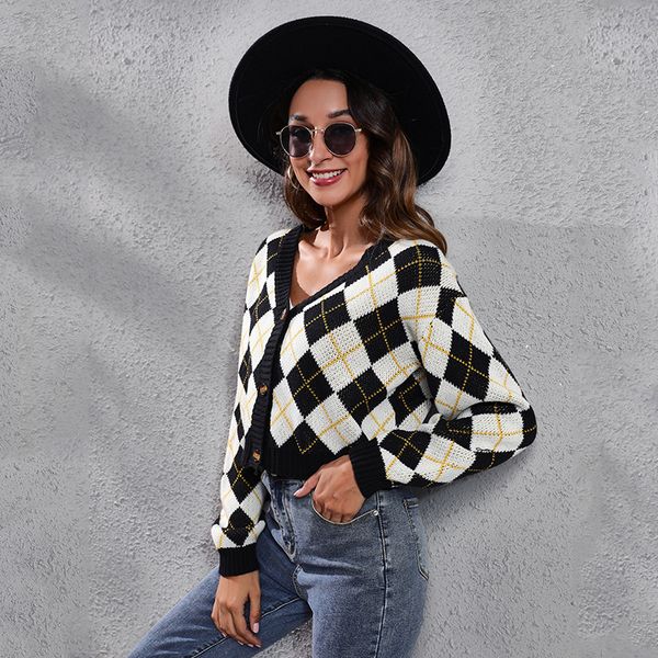 women's knits & tees ivory-black rhombic check diamond knit cardigan short sweater women's loose wear, White
women's knits & tees ivory-black rhombic check diamond knit cardigan short sweater women's loose wear, White